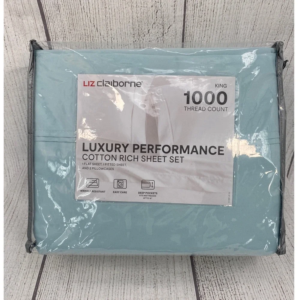 Liz Claiborne Sheet Set KING Aqua Breeze Luxury Performance 1000TC Cotton Rich